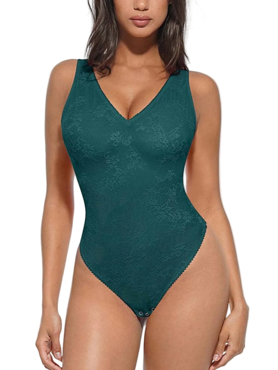 Green lace bodysuit worn by a model on a white background