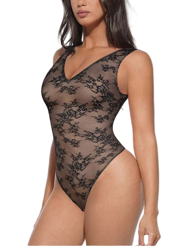Black lace bodysuit worn by a model on a white background