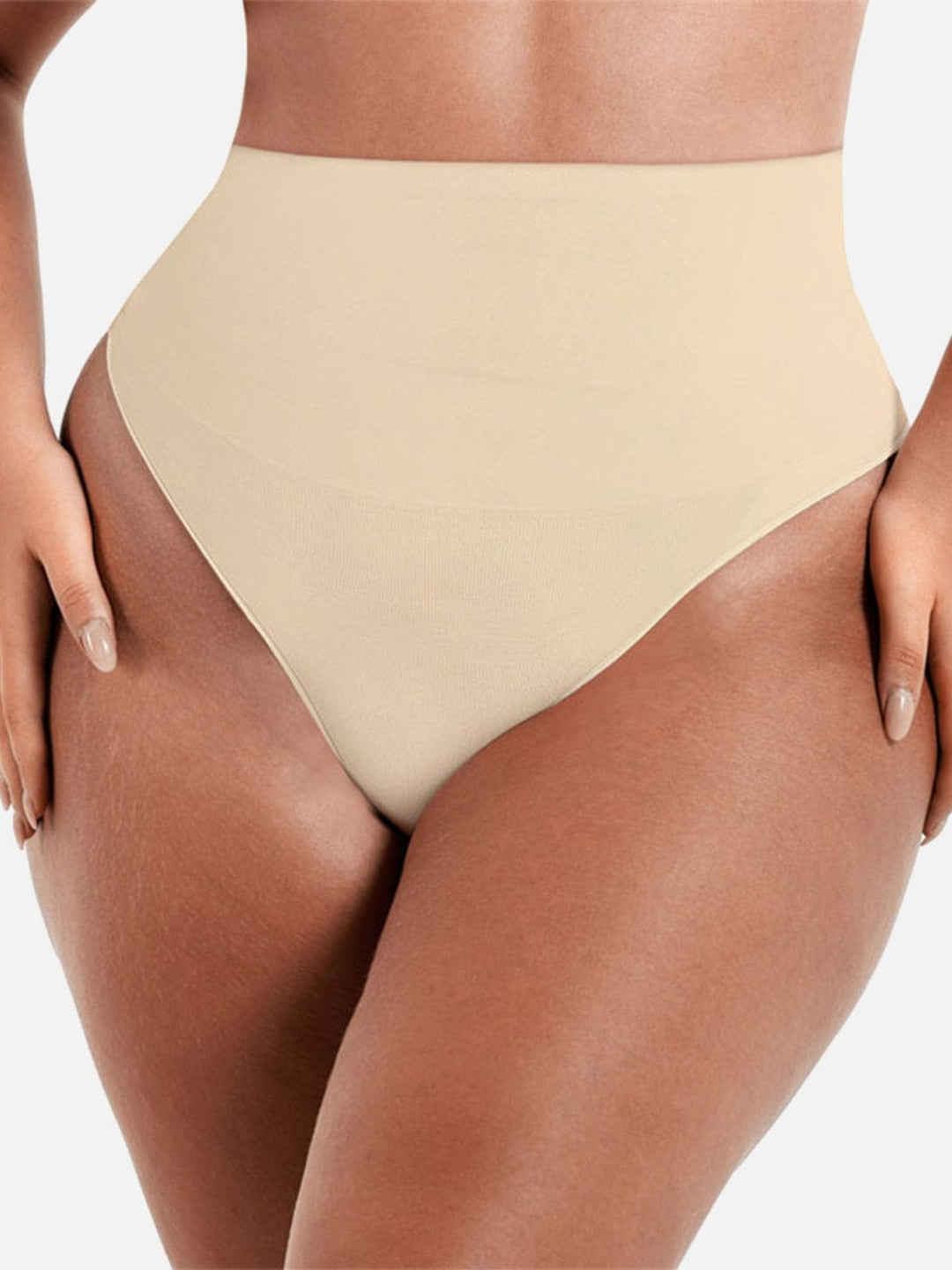 Beige high-waisted bikini bottom on a white background