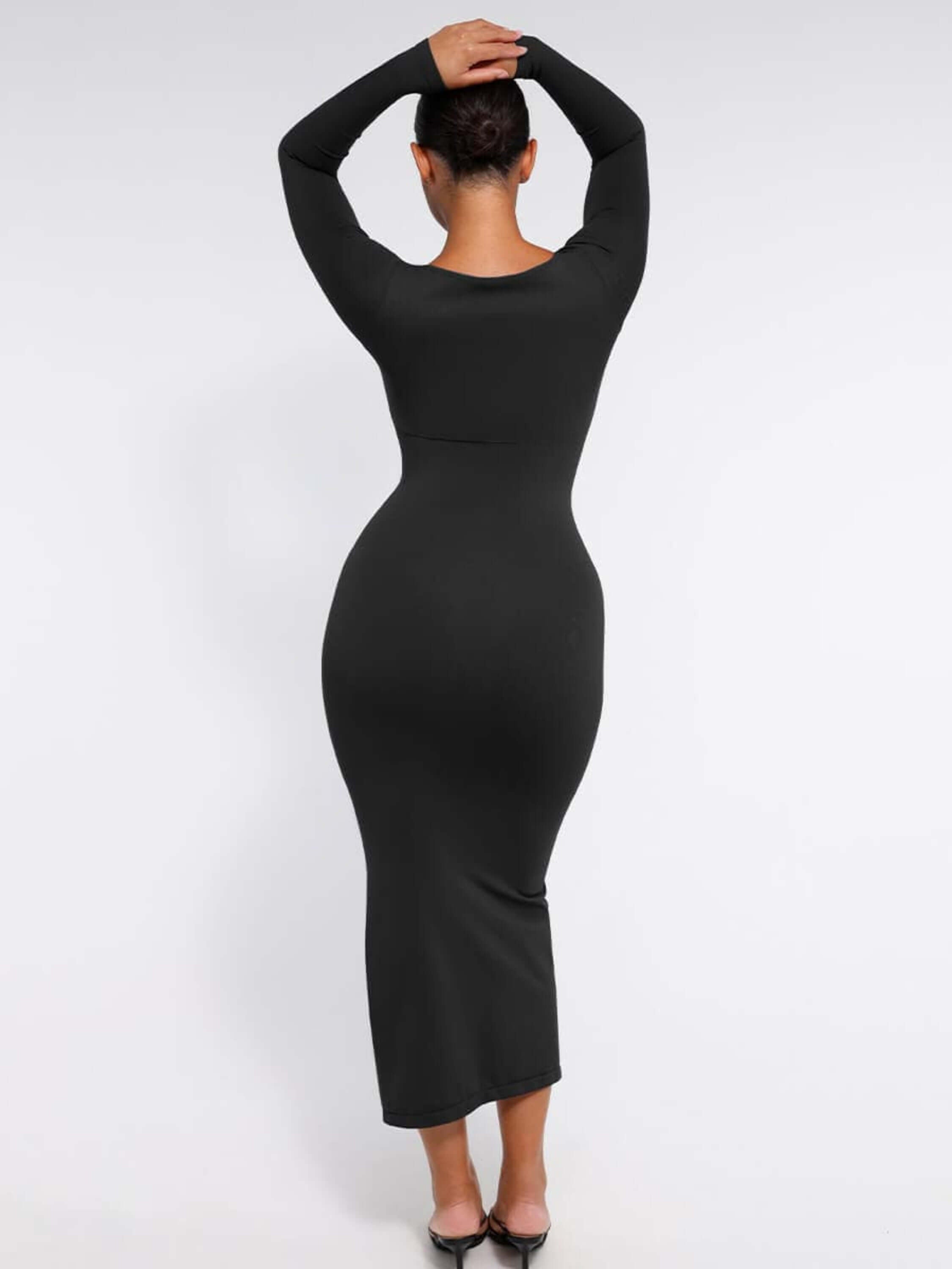 shaping dress with bust support, black high-side-slit bodycon dress, rear view, waist-sculpting fit
