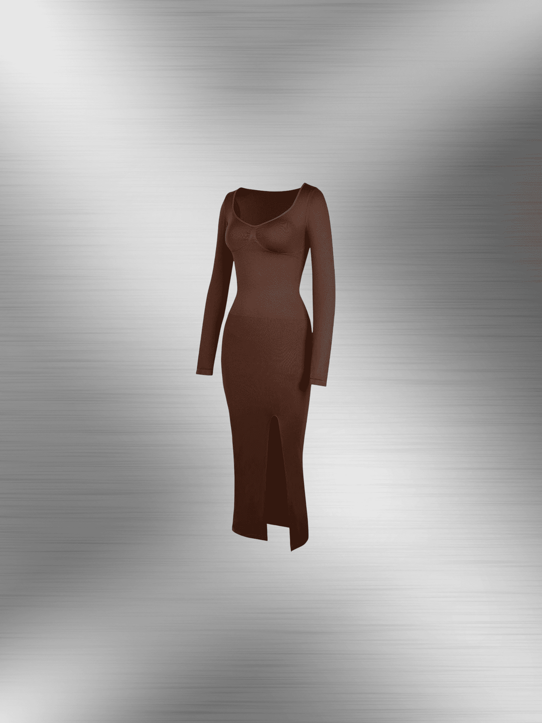 shaping dress with bust support brown high side slit bodycon dress with long sleeves and sculpting fit