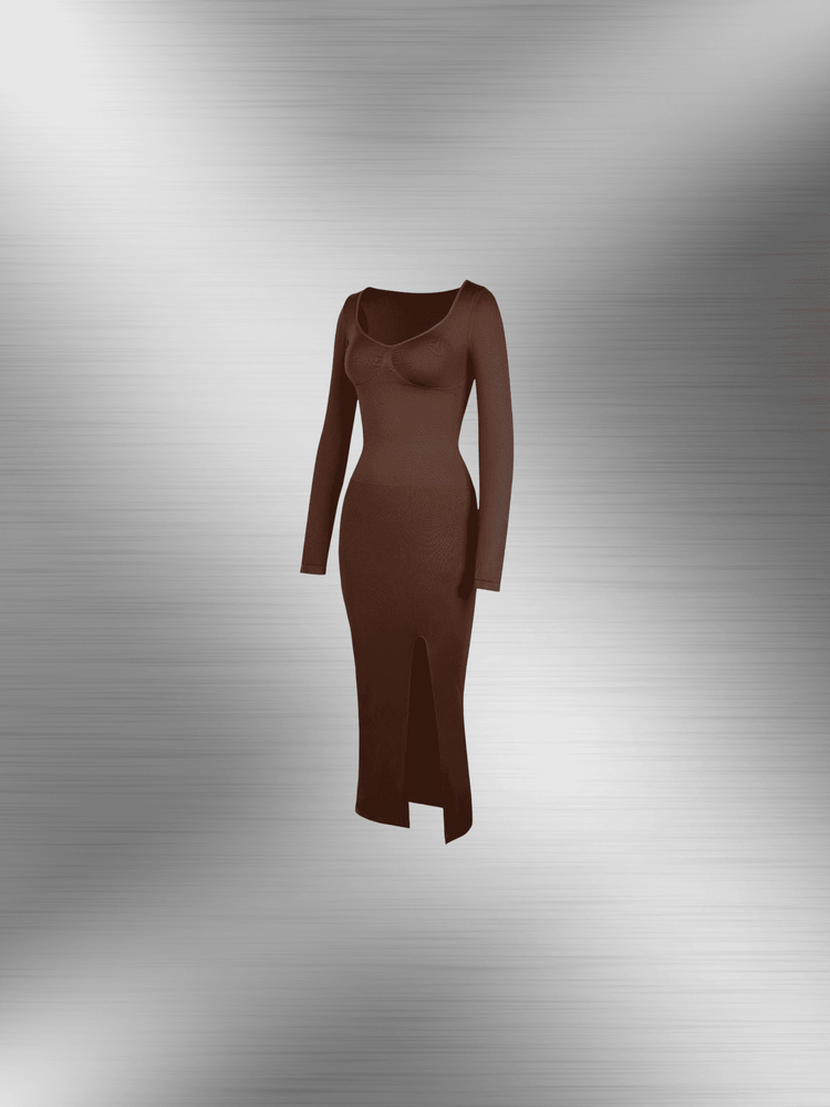 shaping dress with bust support brown high side slit bodycon dress with long sleeves and sculpting fit