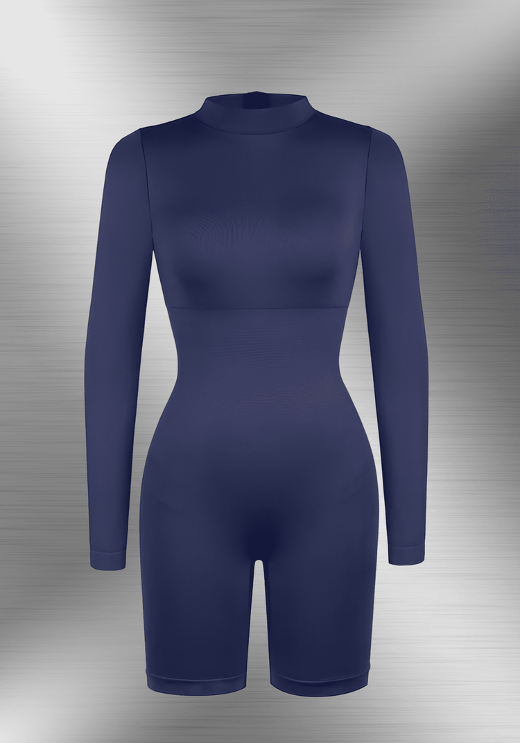 tummy control bust support jumpsuit navy long sleeve seamless bodycon romper with high collar and sculpting fit