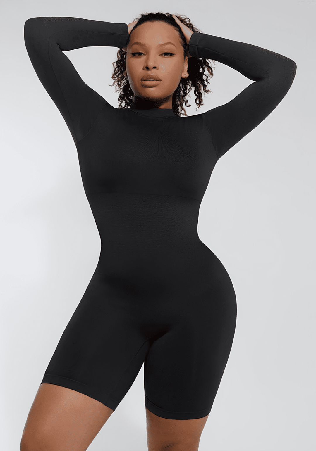 tummy control bust support jumpsuit black seamless shapewear with long sleeves and slimming fit