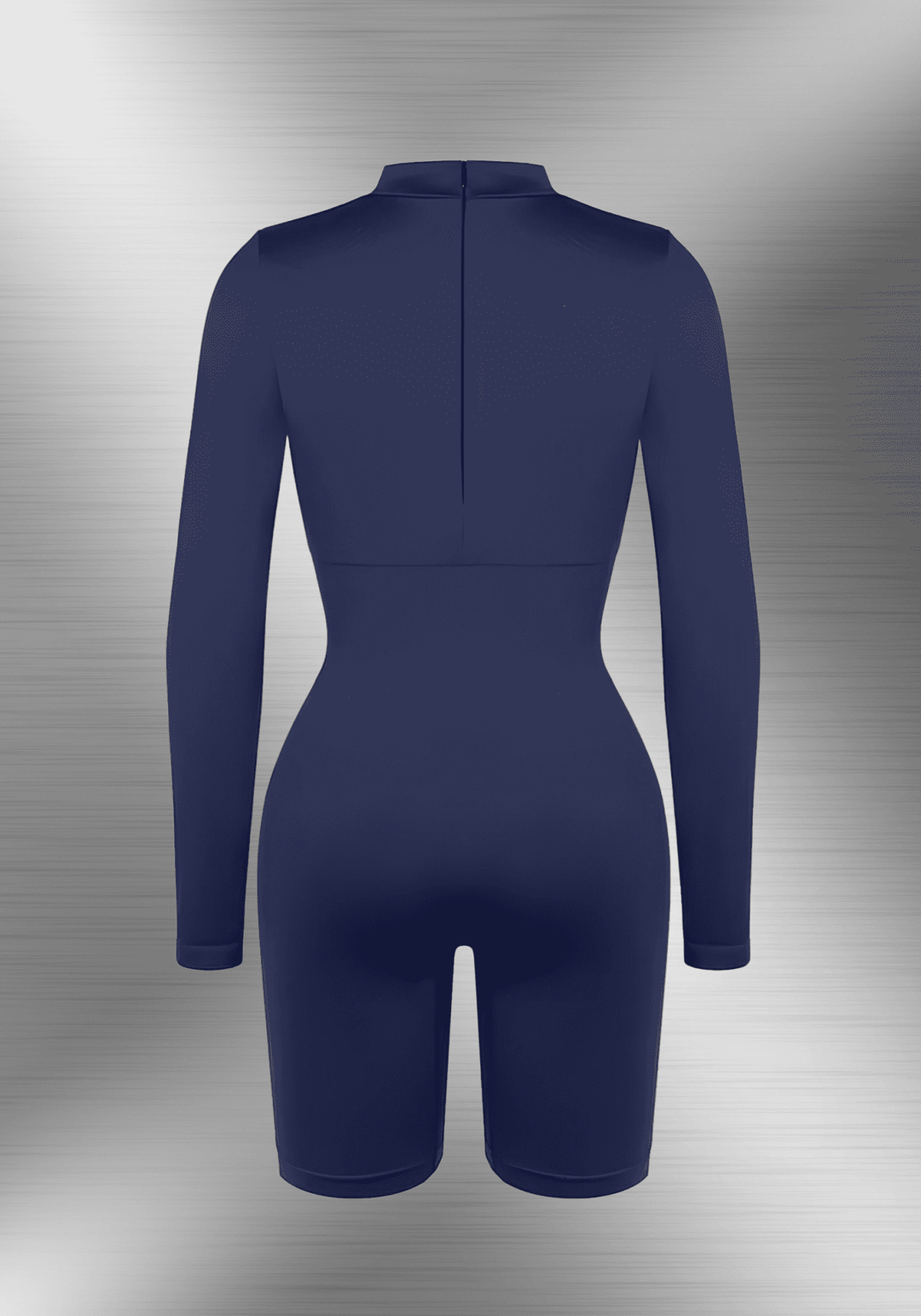 tummy control bust support jumpsuit navy back view with long sleeves, high collar, and sleek seamless fit