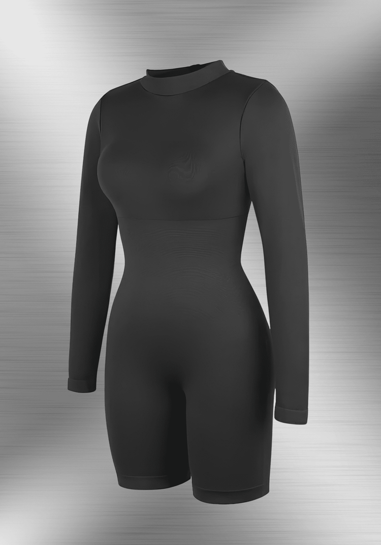 tummy control bust support jumpsuit black long sleeve seamless body-hugging shaping romper with high collar