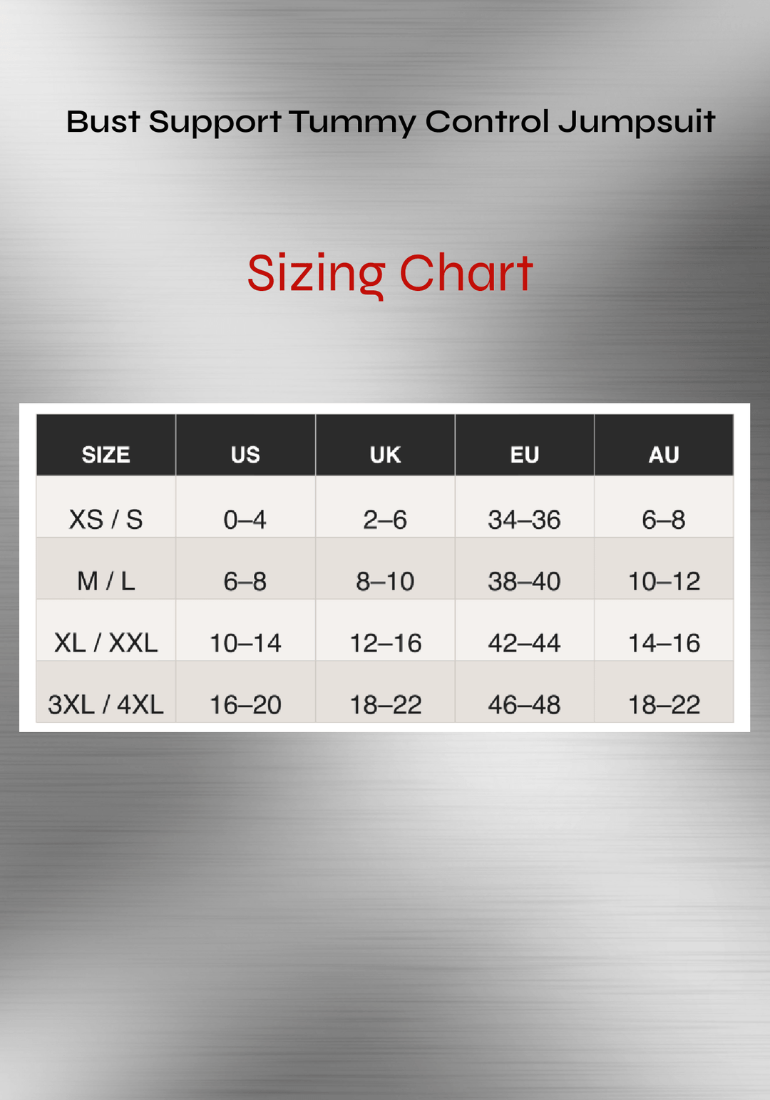 tummy control bust support jumpsuit sizing chart with US UK EU and AU size guide