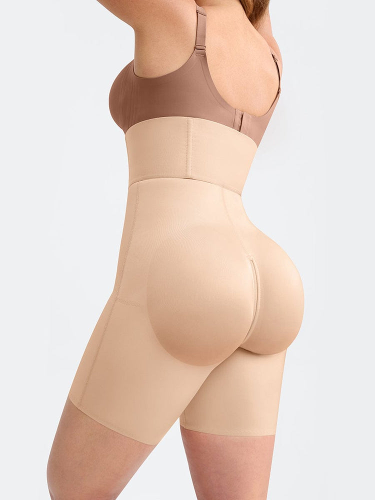 Beige shapewear worn by a person on a light gray background