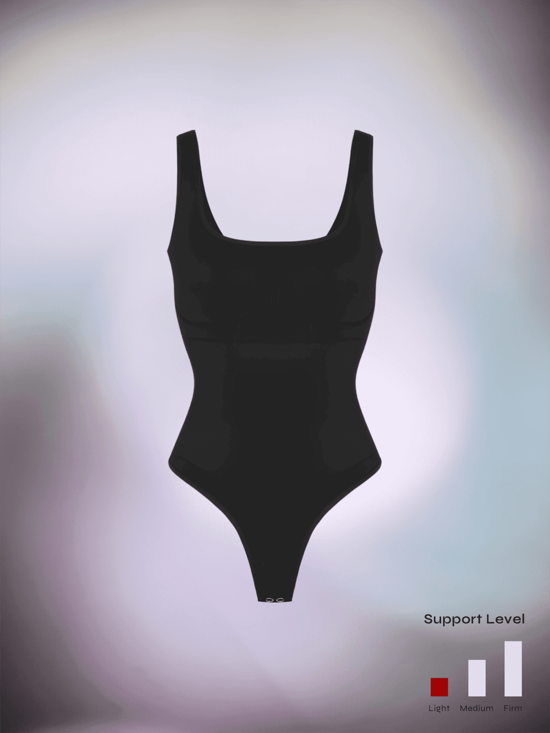 Black compression sculpt brief bodysuit with square neckline and high-support shaping design