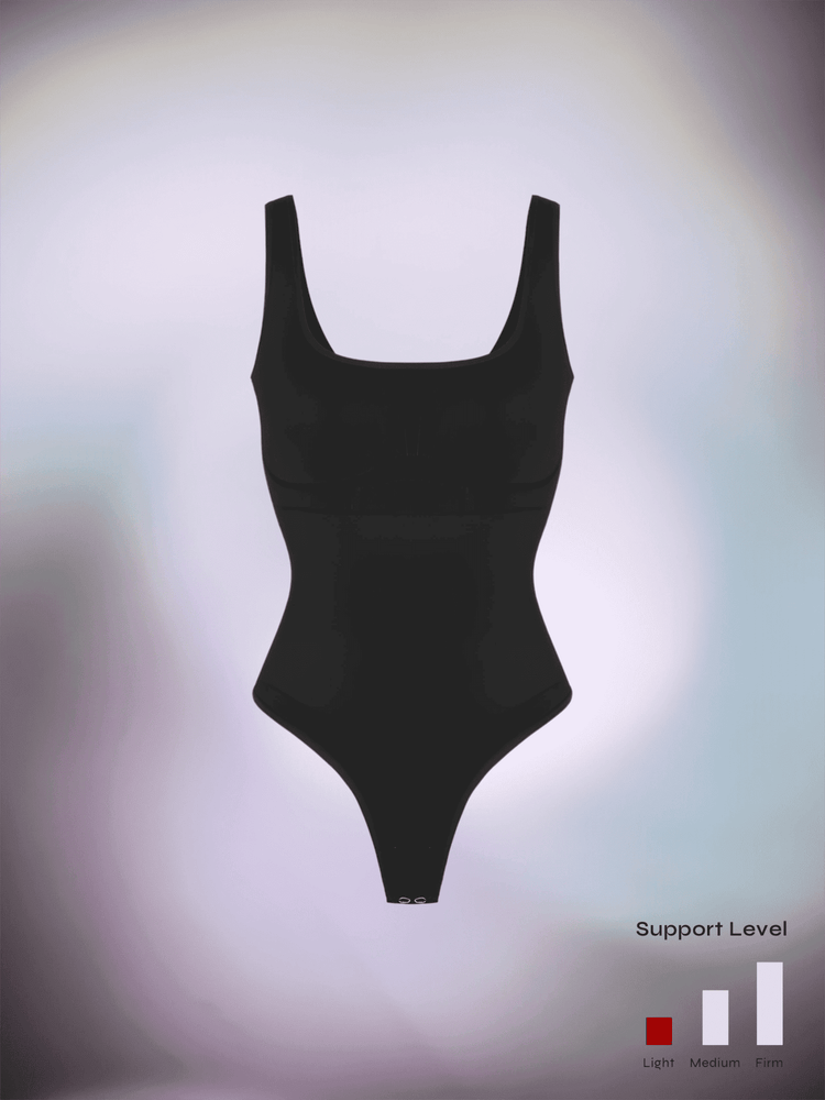 Black compression sculpt brief bodysuit with square neckline and high-support shaping design