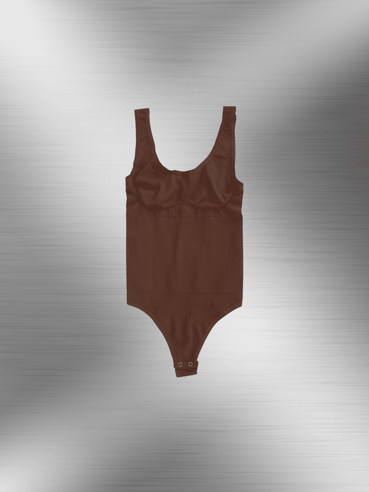 compression sculpt brief bodysuit in brown with high-compression smoothing fit and snap closure