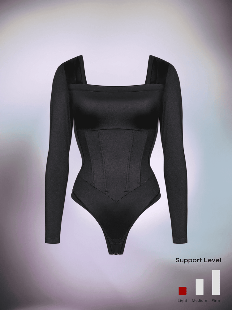 Black corset bodysuit with square neckline, long sleeves, and sculpting support level design for waist shaping