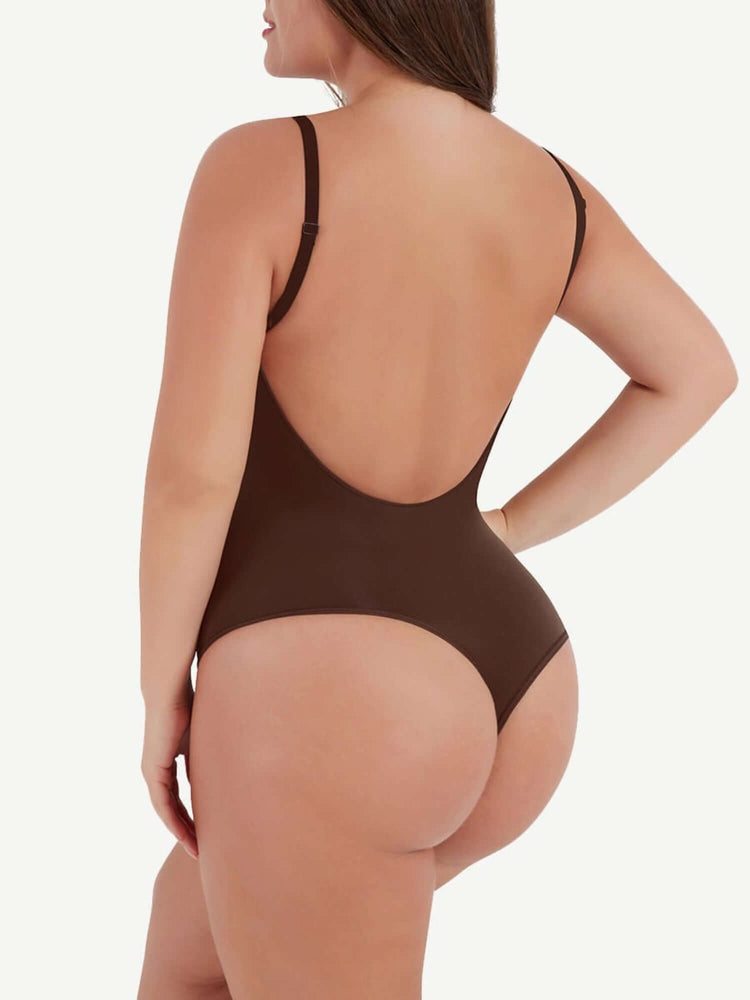 Brown open-back bodysuit with low scoop back and adjustable straps for a flattering, seamless fit