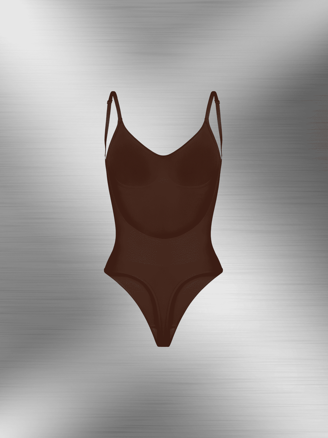 Brown open-back bodysuit with adjustable straps and low scoop back for seamless underclothing support