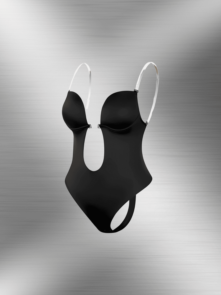 deep plunge backless bodysuit with U-wire detail, thong silhouette, and seamless shapewear-style fit in black