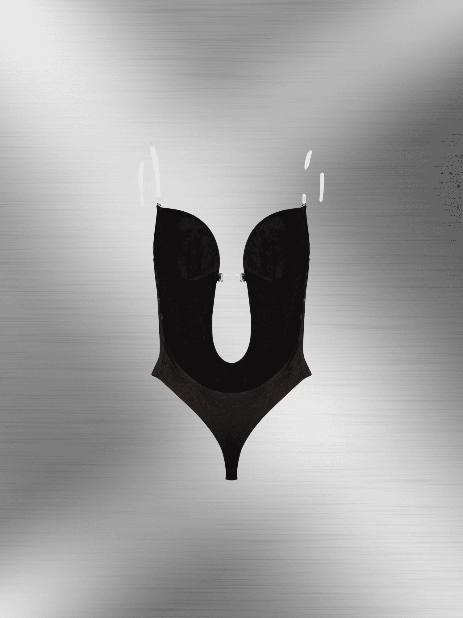 deep plunge backless bodysuit in black with U-wire neckline and thong silhouette for a seamless shapewear-style fit