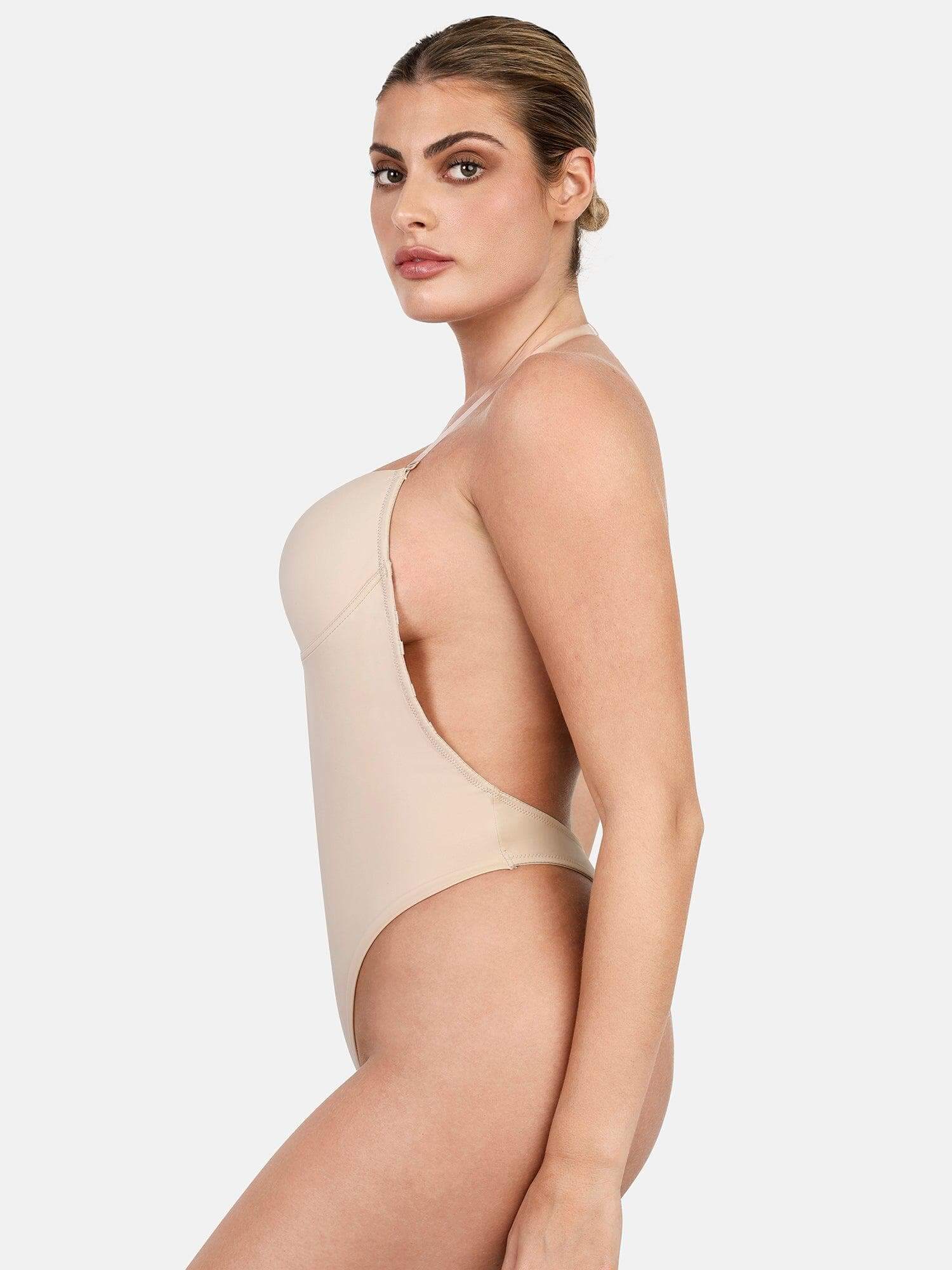 deep plunge backless bodysuit with U-wire neckline and thong silhouette for a smooth seamless shapewear-style fit