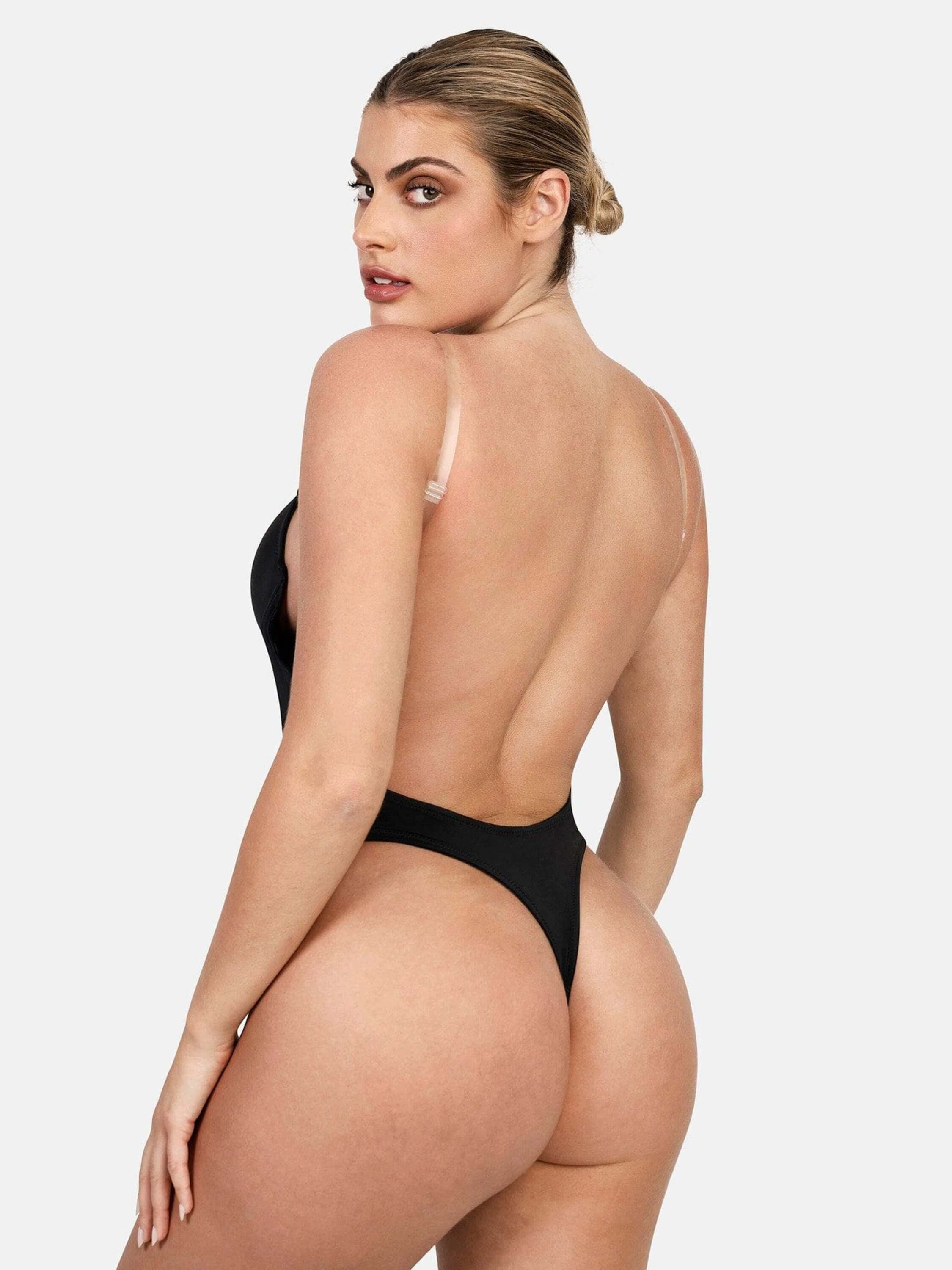 deep plunge backless bodysuit with thong silhouette and deep V-neck, seamless shapewear-style fit for a smooth finish