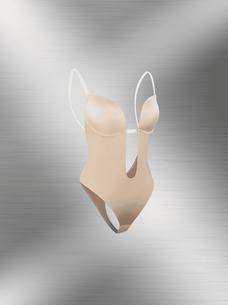deep plunge backless bodysuit with U-wire plunge neckline, thong silhouette, and seamless raw cut edges
