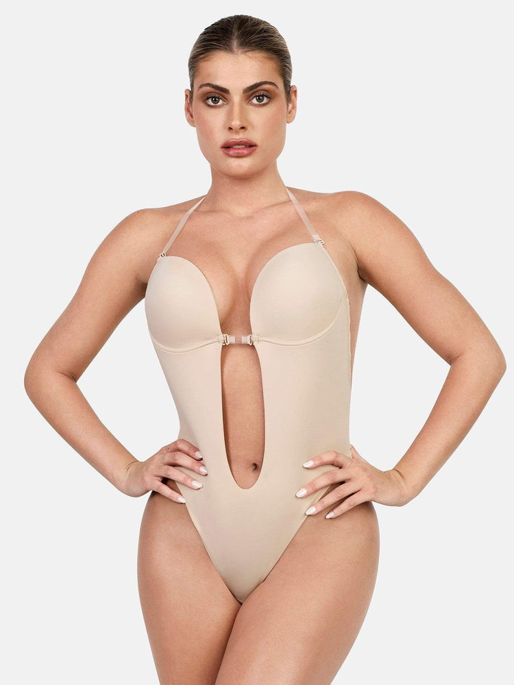 Deep plunge backless bodysuit with U-wire detail, thong silhouette, and seamless shapewear-style fit for a smooth finish.