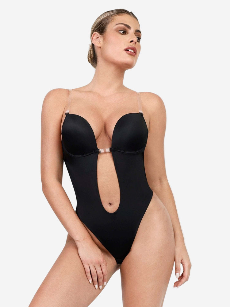 Deep plunge backless bodysuit with U-wire detail, thong silhouette, and seamless shaping for a smooth finish