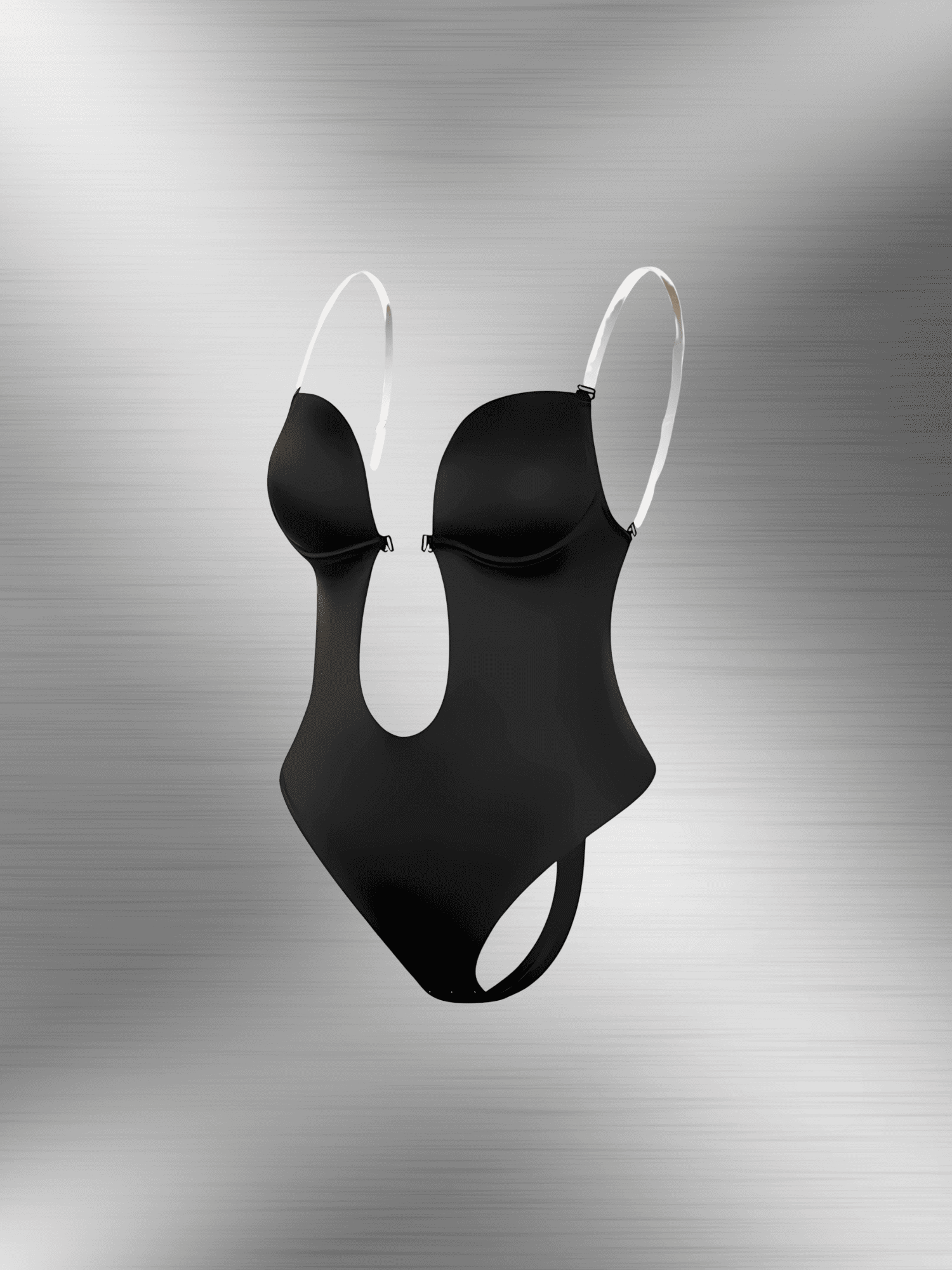 deep plunge backless bodysuit with U-wire detail, thong silhouette, and seamless shapewear-style fit in black