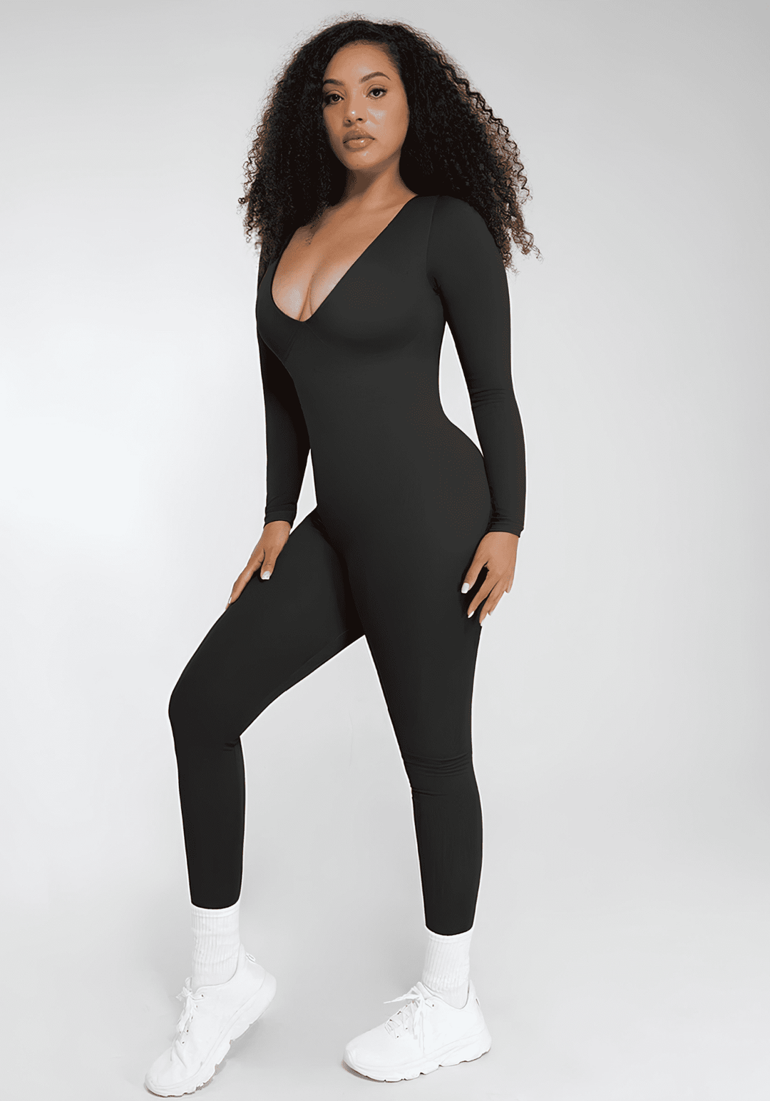 deep v tummy control catsuit black shapewear with deep V-neck and long sleeves for smooth sculpted support