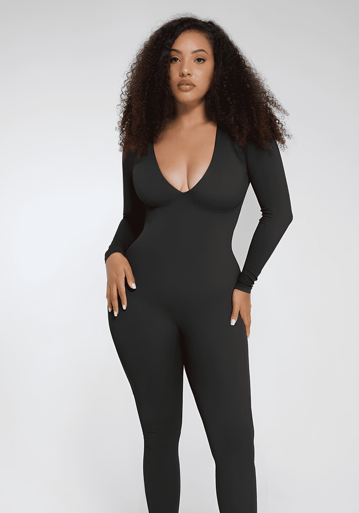 deep v tummy control catsuit with deep V-neck shapewear, smooth sculpted fit and bra-free support