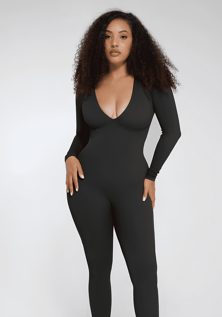 deep v tummy control catsuit with deep V-neck shapewear, smooth sculpted fit and bra-free support