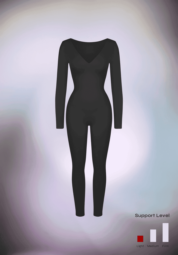deep v tummy control catsuit, black deep V-neck shapewear with long sleeves and full-body shaping