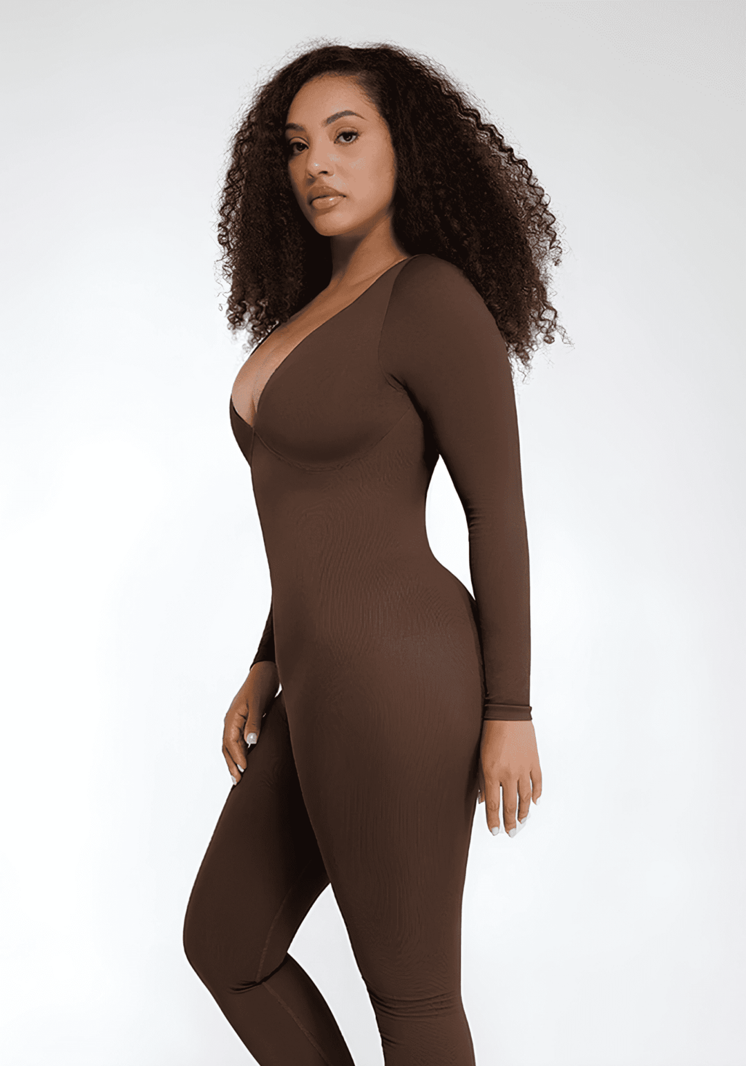 deep v tummy control catsuit with deep V-neck, sculpting fit, and long sleeve shapewear for smooth support