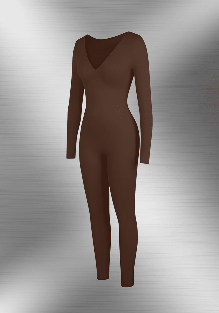 deep v tummy control catsuit with long sleeves and deep V-neck shapewear for a smooth, sculpted silhouette