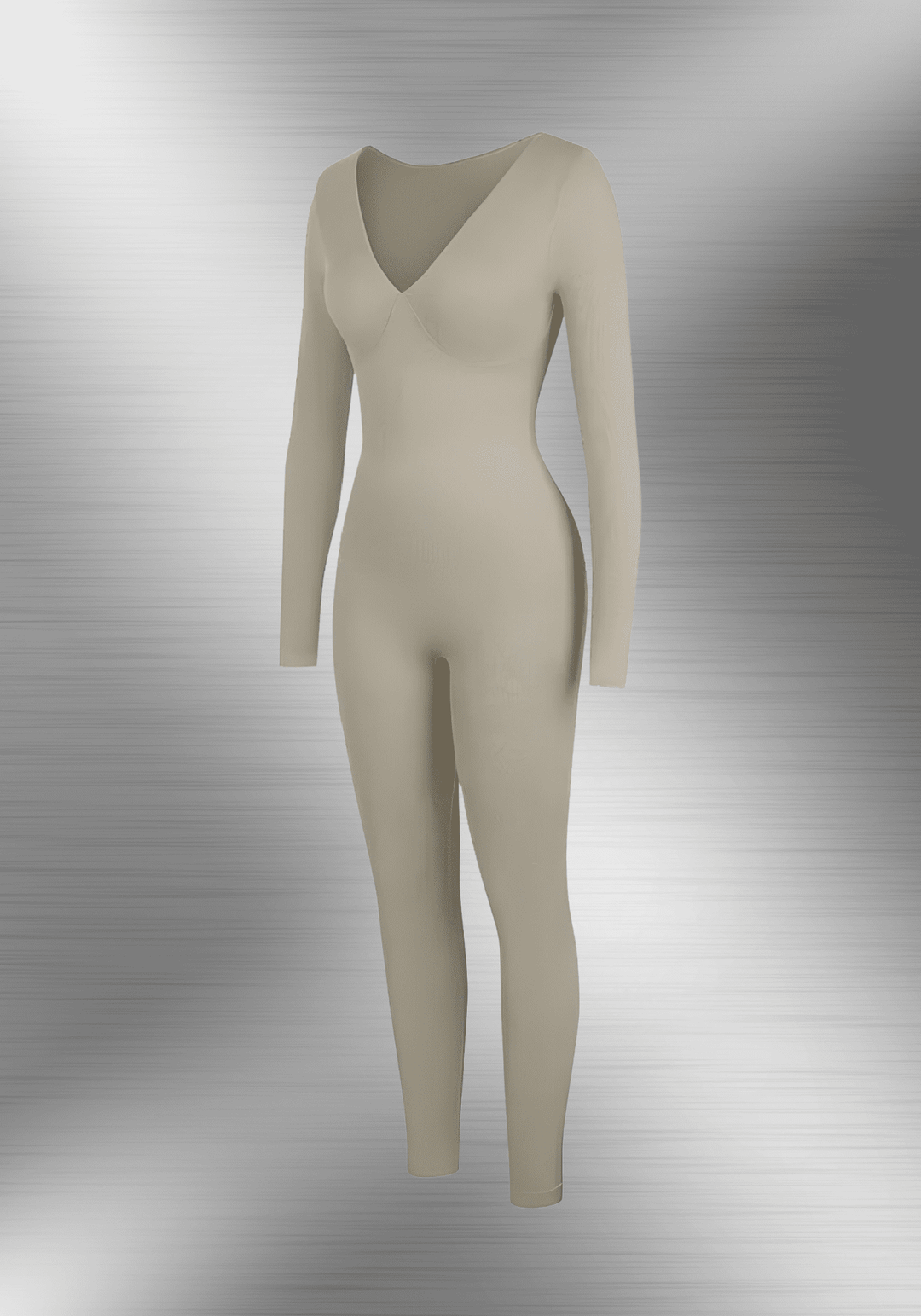 deep v tummy control catsuit beige deep V-neck shapewear with long sleeves and sculpting fit