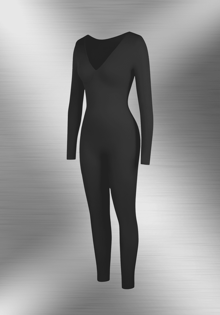 deep v tummy control catsuit black deep V-neck shapewear with long sleeves and smooth sculpting fit