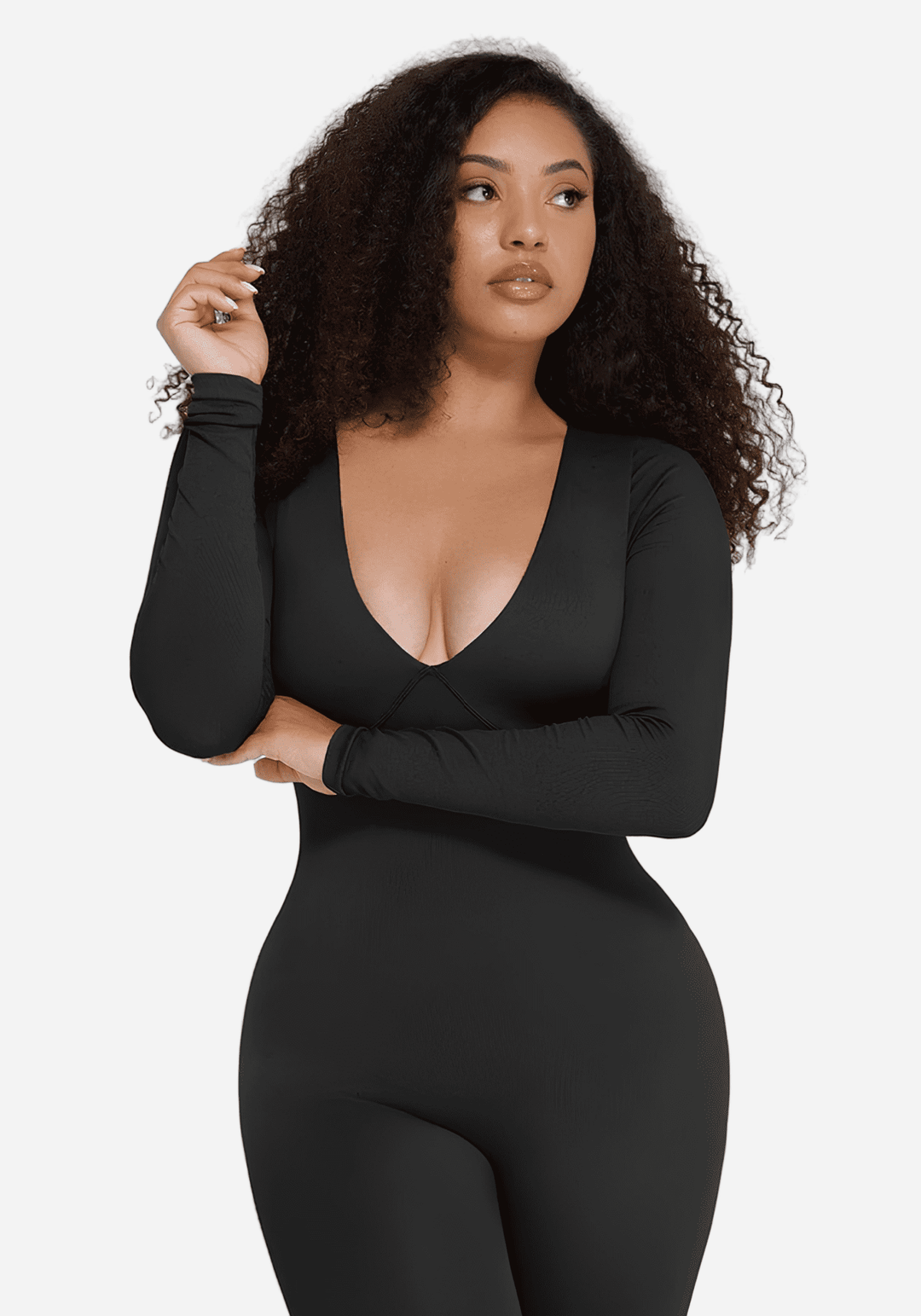 deep v tummy control catsuit black shapewear with deep V-neck and sculpting fit
