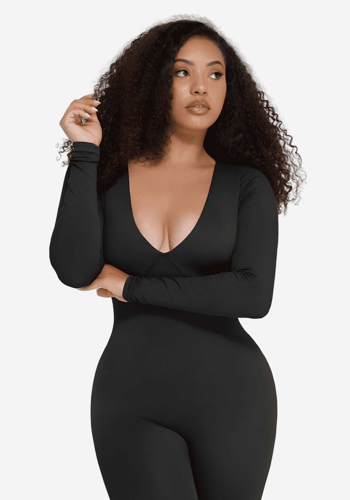 deep v tummy control catsuit black shapewear with deep V-neck and sculpting fit