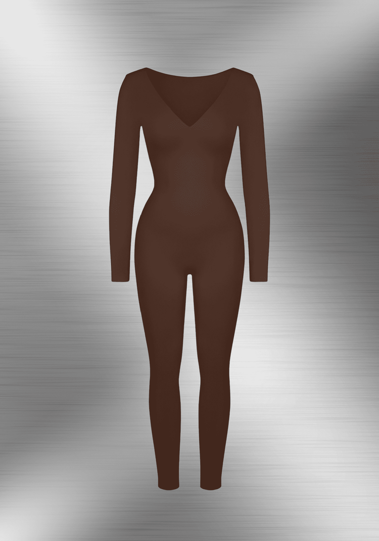 deep v tummy control catsuit with long sleeves, deep V-neck shapewear for a smooth sculpted silhouette