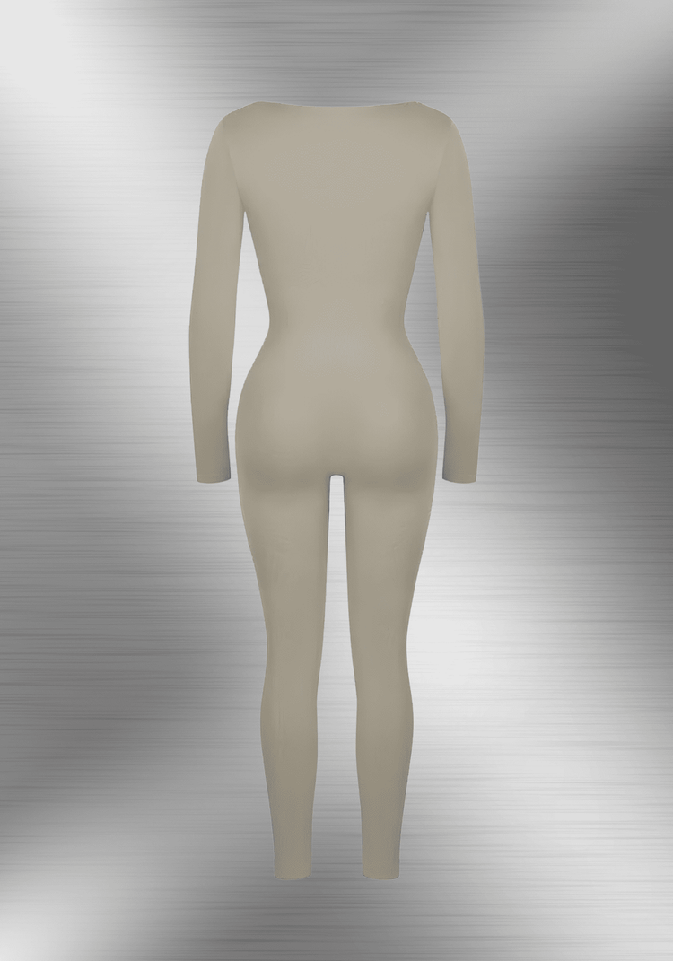 deep v tummy control catsuit beige long sleeve shapewear bodysuit for smooth sculpted silhouette