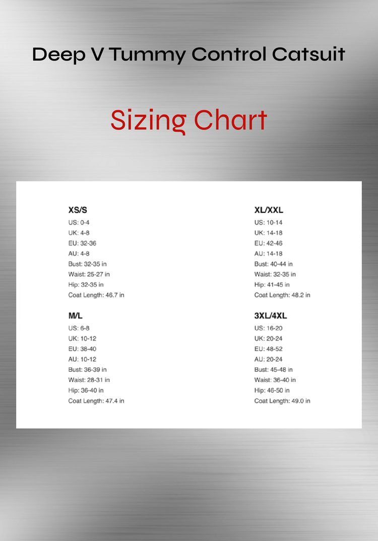 Deep V Tummy Control Catsuit sizing chart with size guide for US, UK, EU, AU, waist, bust, hip, and coat length