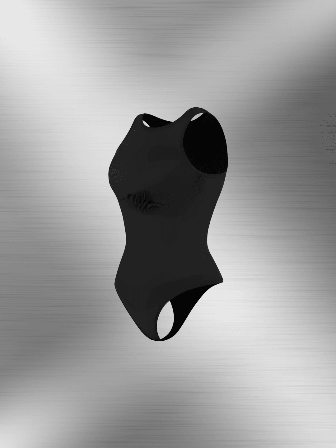 Black shapewear bodysuit with thong back and round neck for waist and tummy shaping, everyday wear style
