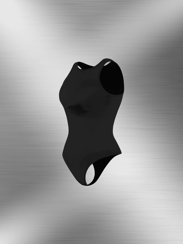 Black shapewear bodysuit with thong back and round neck for waist and tummy shaping, everyday wear style