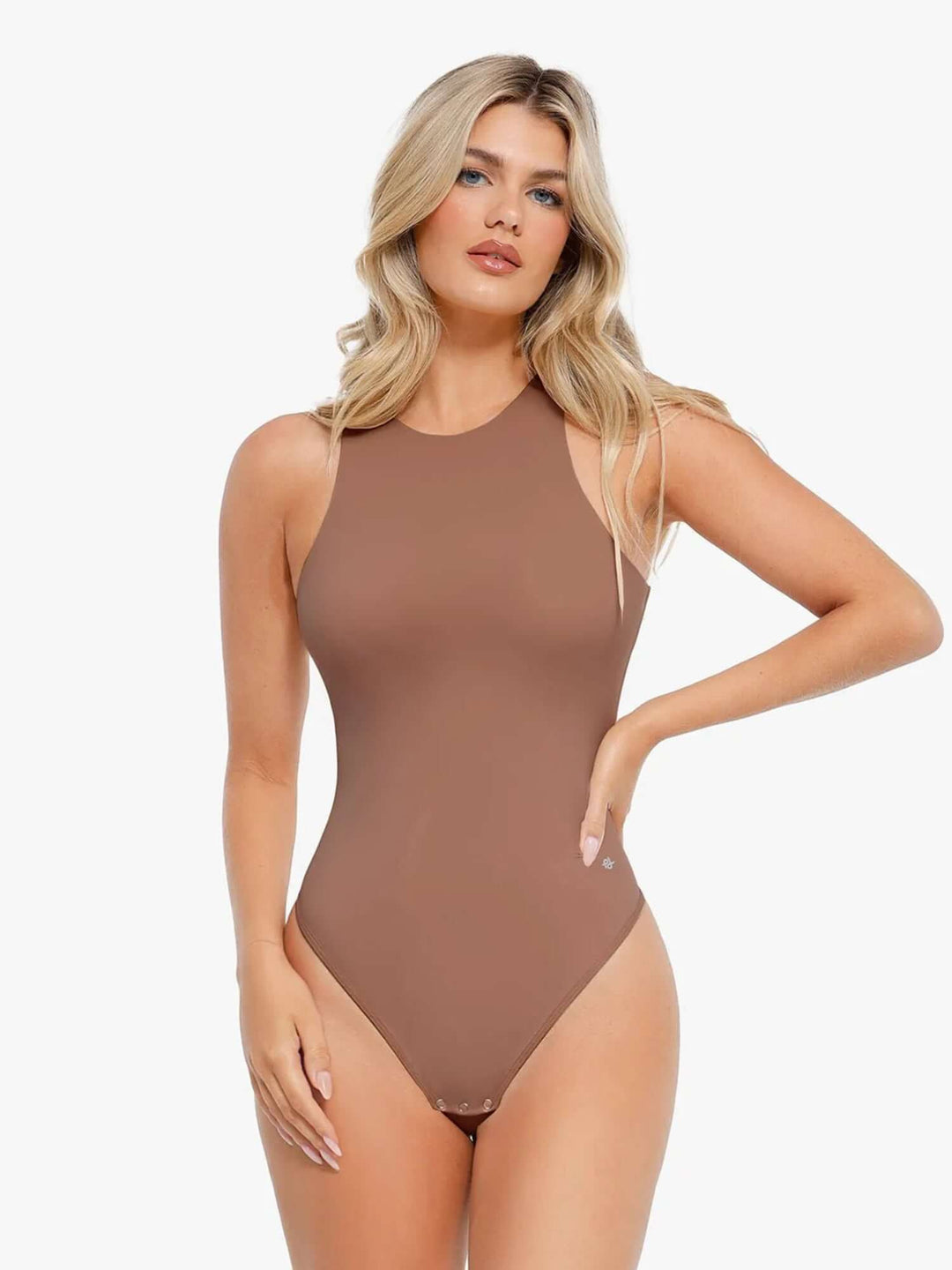 shapewear bodysuit with light compression, round neck, and thong back for waist and tummy control
