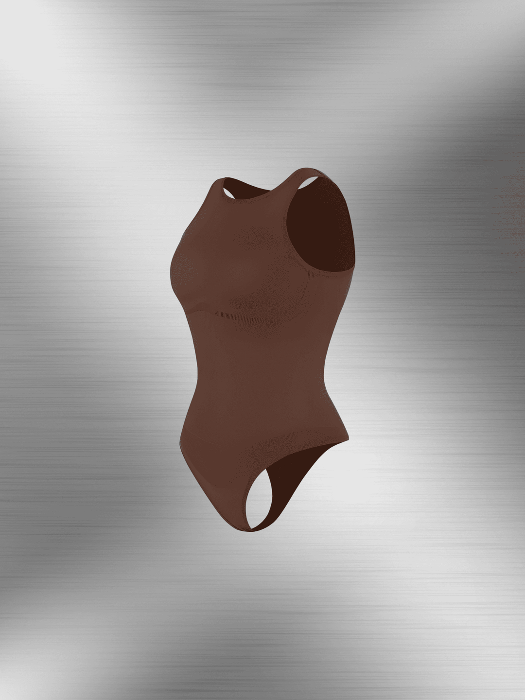 Brown shapewear bodysuit with sleeveless round-neck design and thong bottom for waist and tummy control