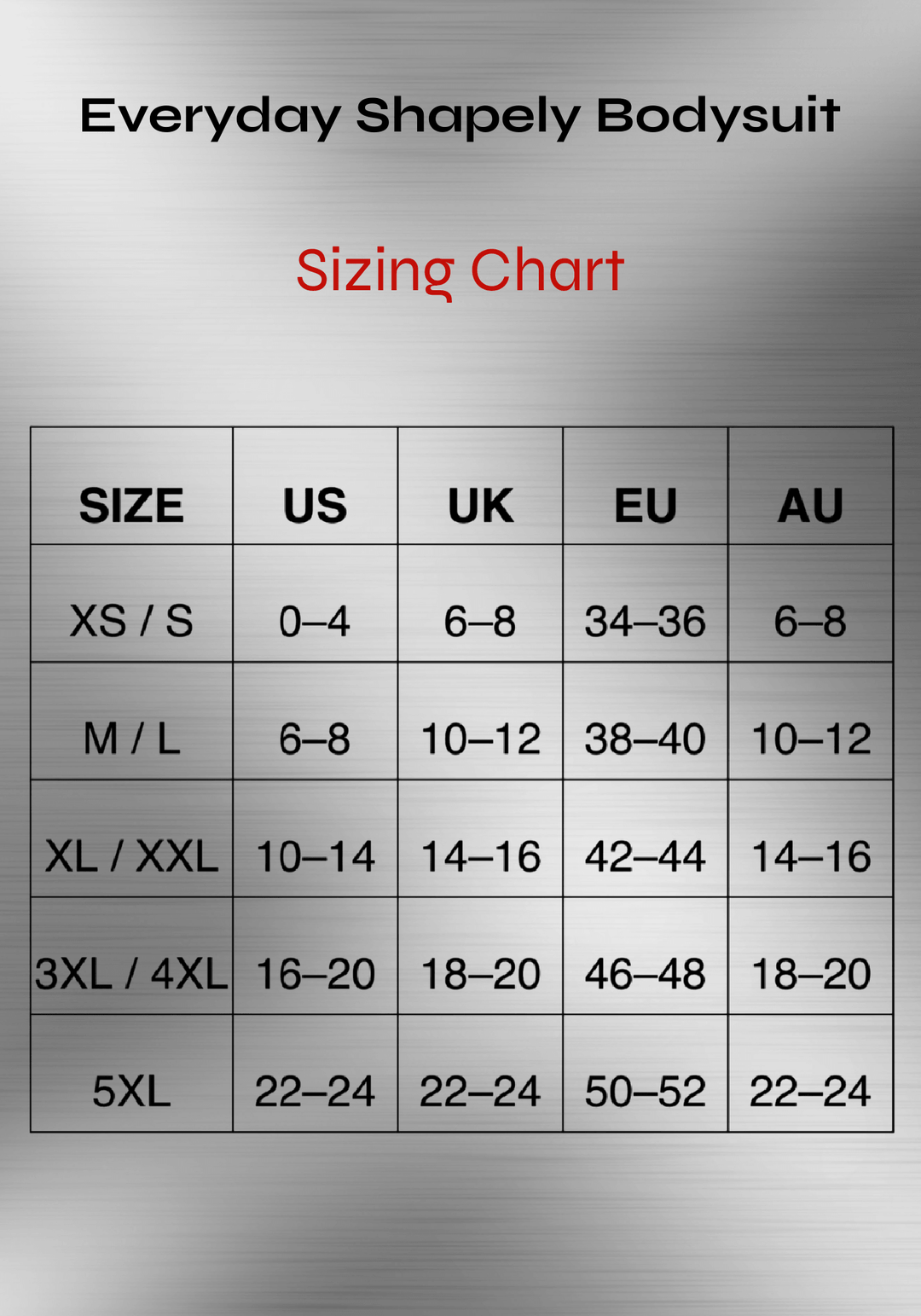 Everyday Shapely shapewear bodysuit sizing chart with US, UK, EU, and AU size guide