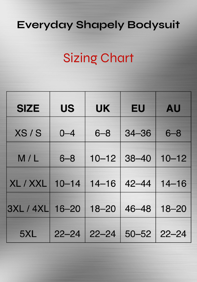 Everyday Shapely shapewear bodysuit sizing chart with US, UK, EU, and AU size guide