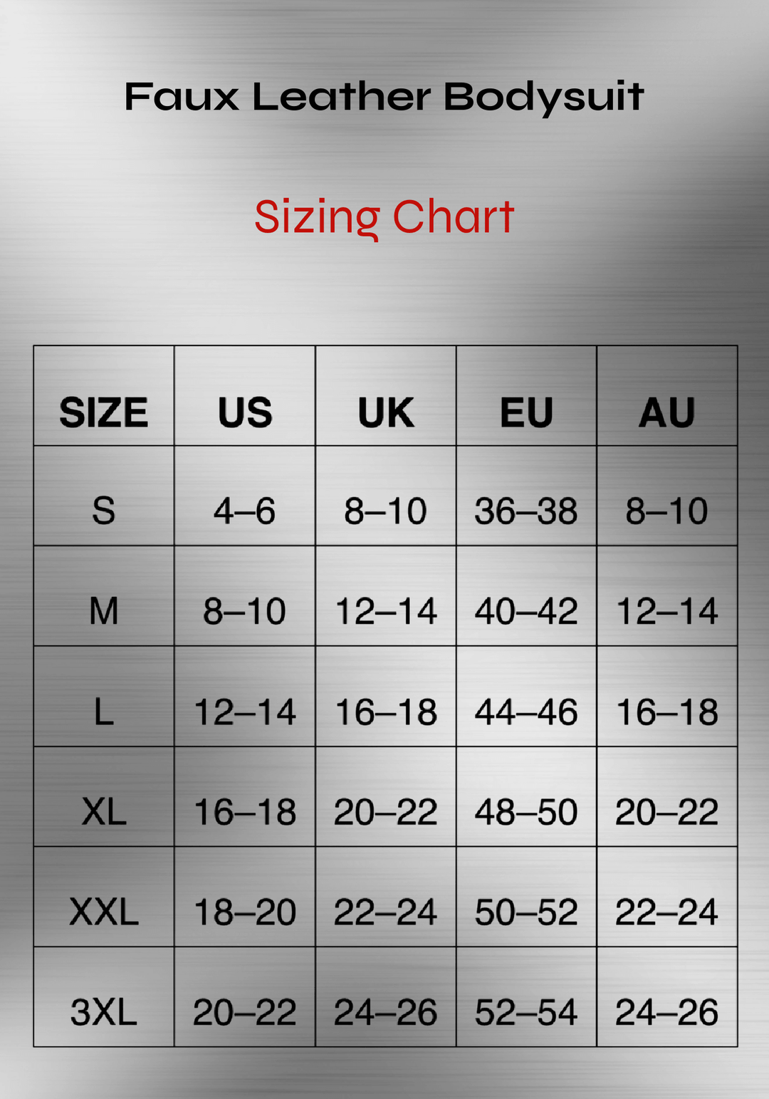 Faux leather bodysuit sizing chart showing size conversions for US, UK, EU, and AU from S to 3XL