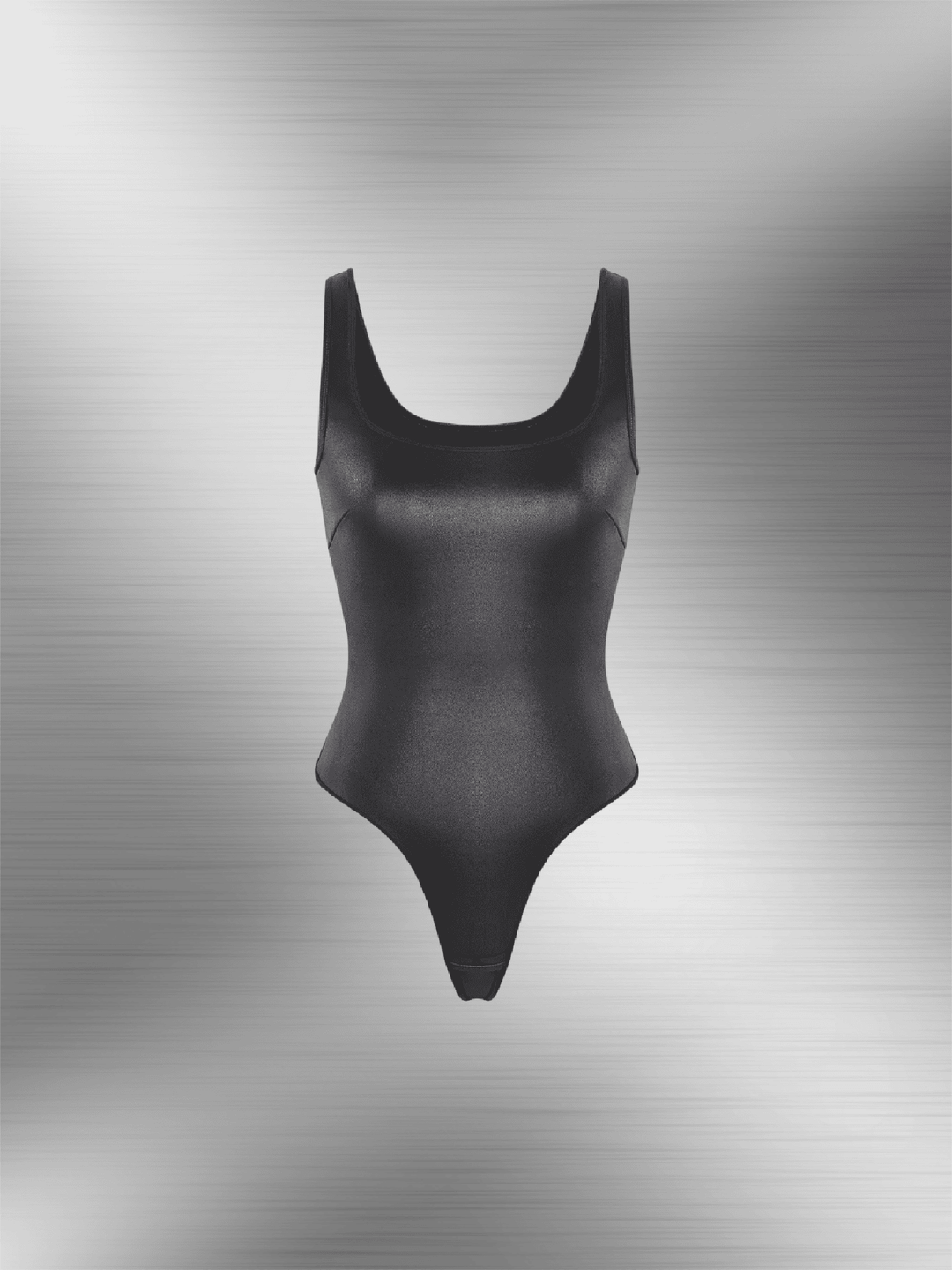 Faux leather bodysuit with glossy finish, scoop neckline, and figure-shaping fit for sleek day-to-night styling
