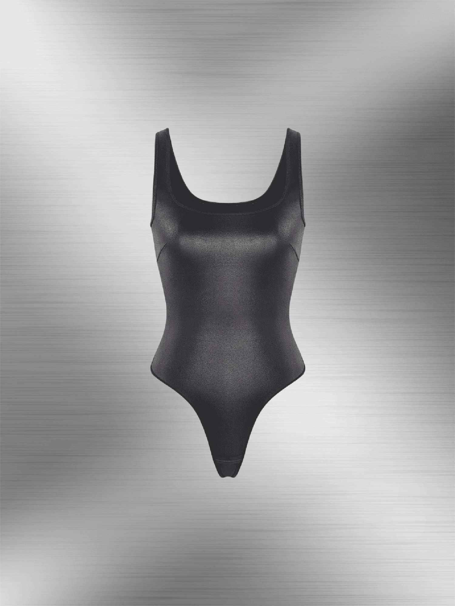 Faux leather bodysuit with glossy finish, scoop neckline, and figure-shaping fit for sleek day-to-night styling