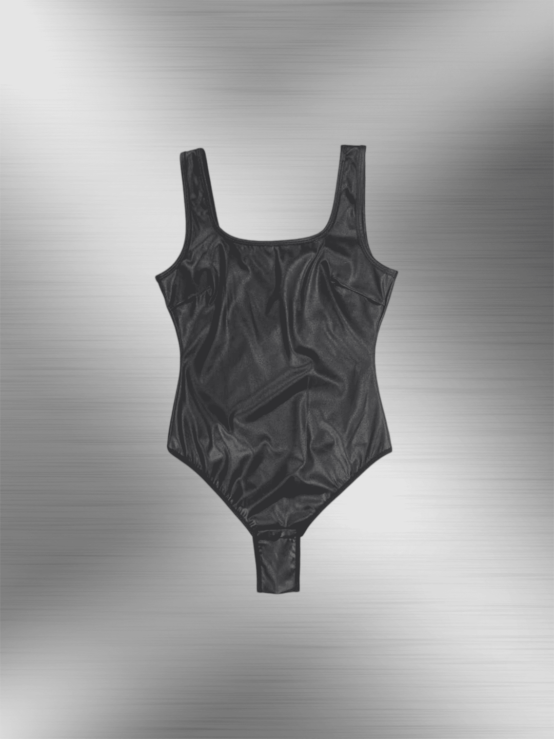 Faux leather bodysuit in black with sleek sleeveless design and glossy finish, figure-hugging fit for day-to-night styling