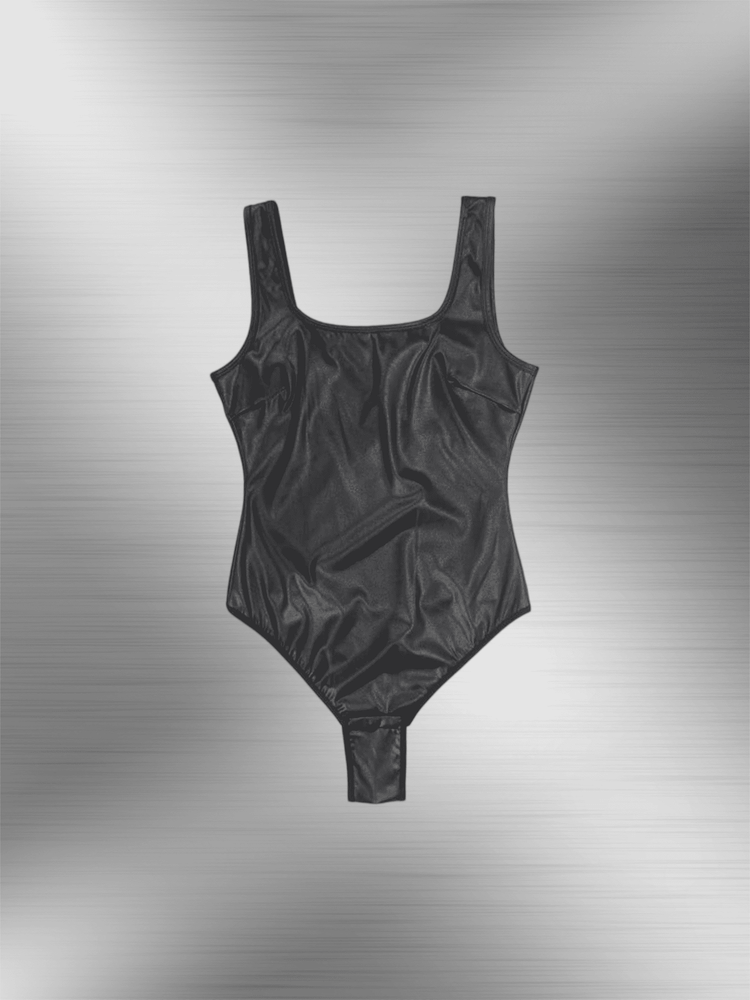 Faux leather bodysuit in black with sleek sleeveless design and glossy finish, figure-hugging fit for day-to-night styling